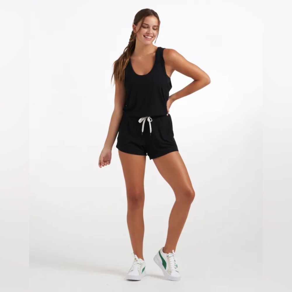 Vuori Black Tank Romper with White Drawstring